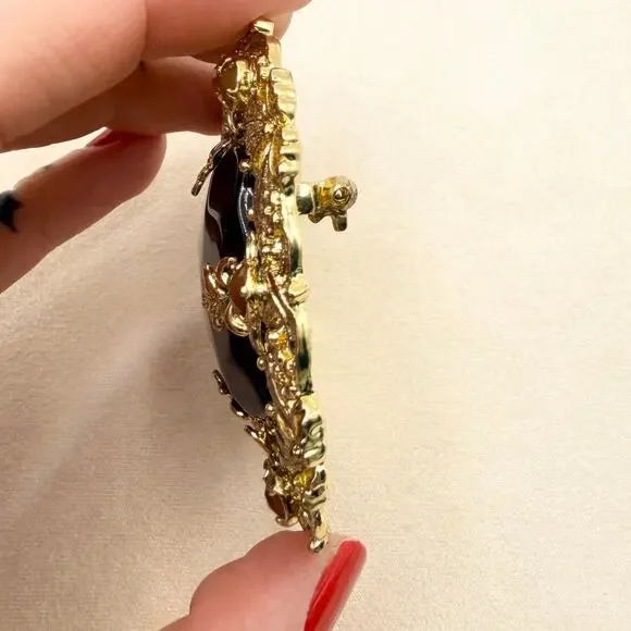 VTG Florenza Stamped Gold Large Amber Faceted Stone Etruscan Revival Brooch - Picture 3 of 14